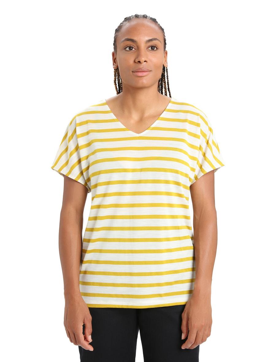 Ecru Heather / Silent Gold Icebreaker Merino Drayden Reversible Short Sleeve Top Stripe Women\'s T Shirts | AU 1607XYUF